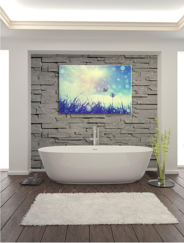 Pixxprint zarter Schmetterling fliegt zu Pusteblume Kunst Buntstift Effekt, Format: 100x70 auf Leinw