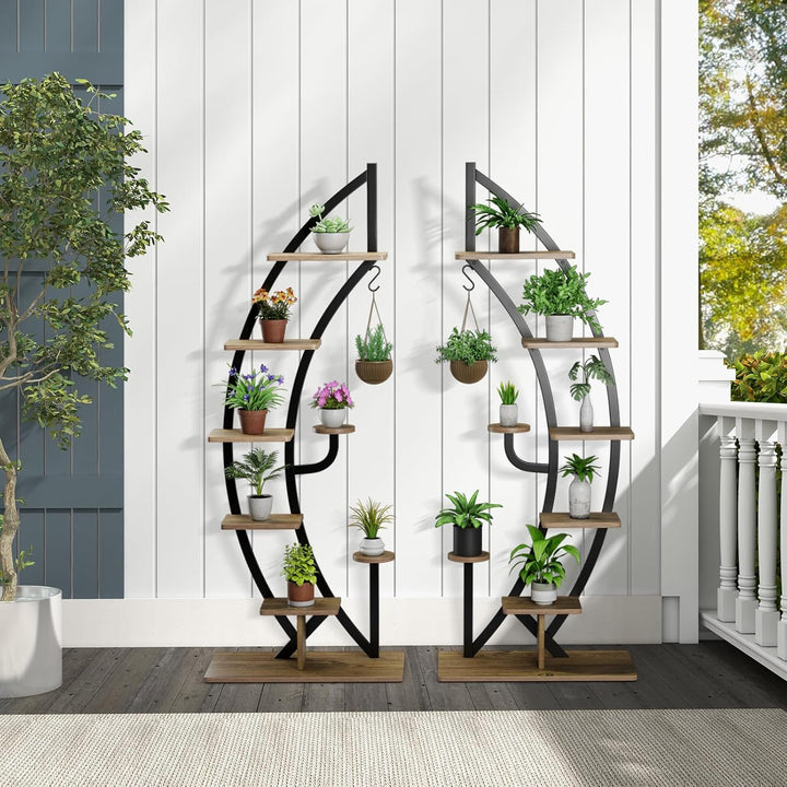 HOMASIS 6 Ebenen Blumenständer aus Metall, Pflanzenregal mit 7 Ablagen & 1 Haken, elegante Halbmondf