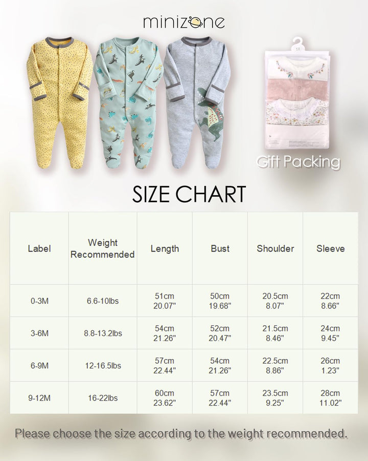 Minizone Baby Schlafanzug Pack of 3, Strampler Langarm Pyjamas Schlafstrampler 3-6 Monate 3-6 Monate