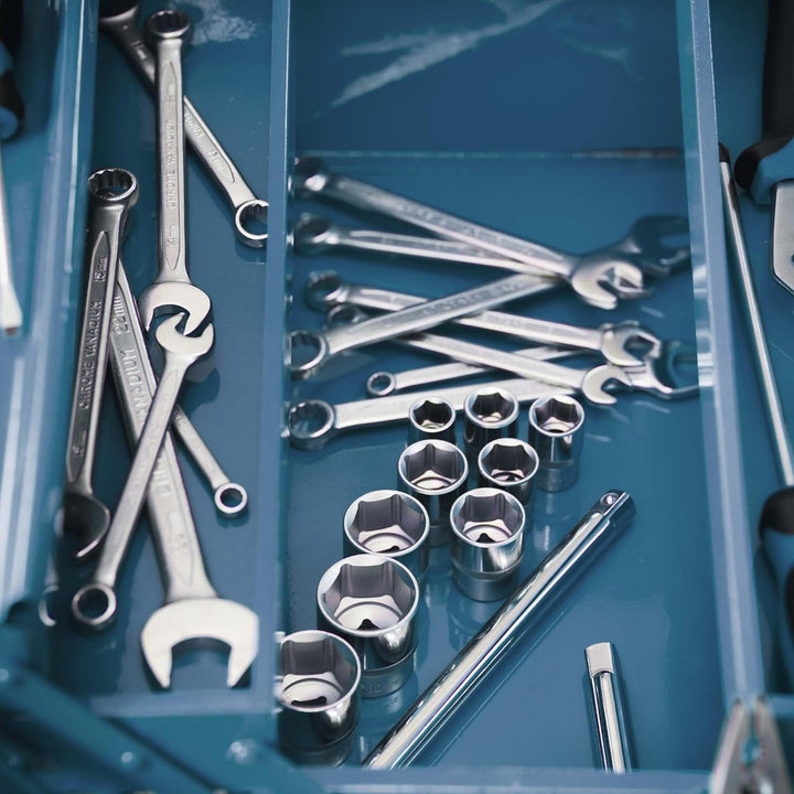 Wiltec Werkzeugkiste 420x200x250mm aus Stahl mit 7 Fächern, beständiger Werkzeugkasten mit Handgriff