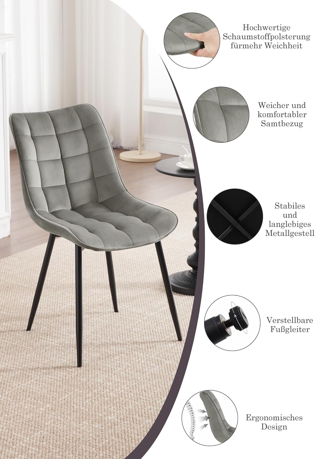 WOLTU® Esszimmerstühle BH142hgr-2 2er Set Küchenstuhl Polsterstuhl Wohnzimmerstuhl Sessel mit Rücken