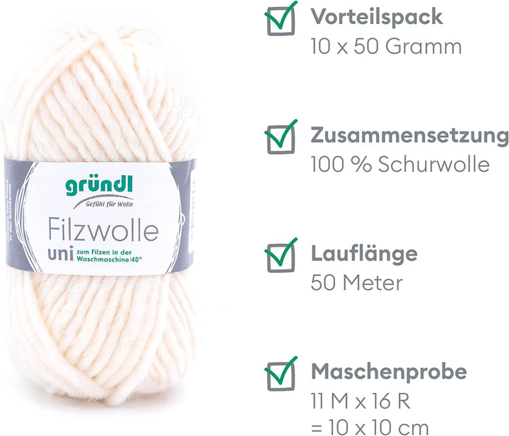 Gründl Filzwolle uni (Wolle zum Filzen, Stricken und Häkeln, Garn aus 100 % Schurwolle, 50 g / 50 m,