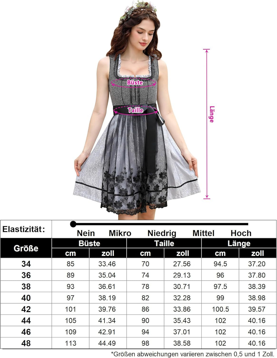 KOJOOIN Damen Dirndl 2tlg. Midi Trachtenkleid Kurz Dirndlkleid(High-End) mit Dirndlschürze für Oktob