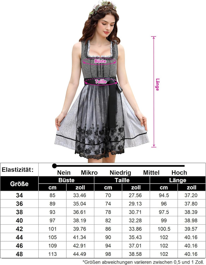 KOJOOIN Damen Dirndl 2tlg. Midi Trachtenkleid Kurz Dirndlkleid(High-End) mit Dirndlschürze für Oktob