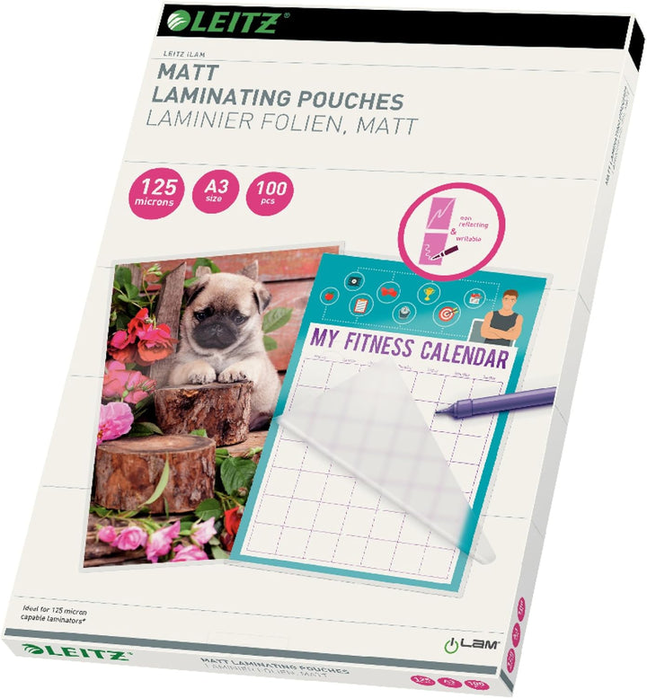 Leitz Heisslaminierfolien A3 Matt 125 mic, Hochwertige Laminierfolien im 100er Pack, zum Beschriften