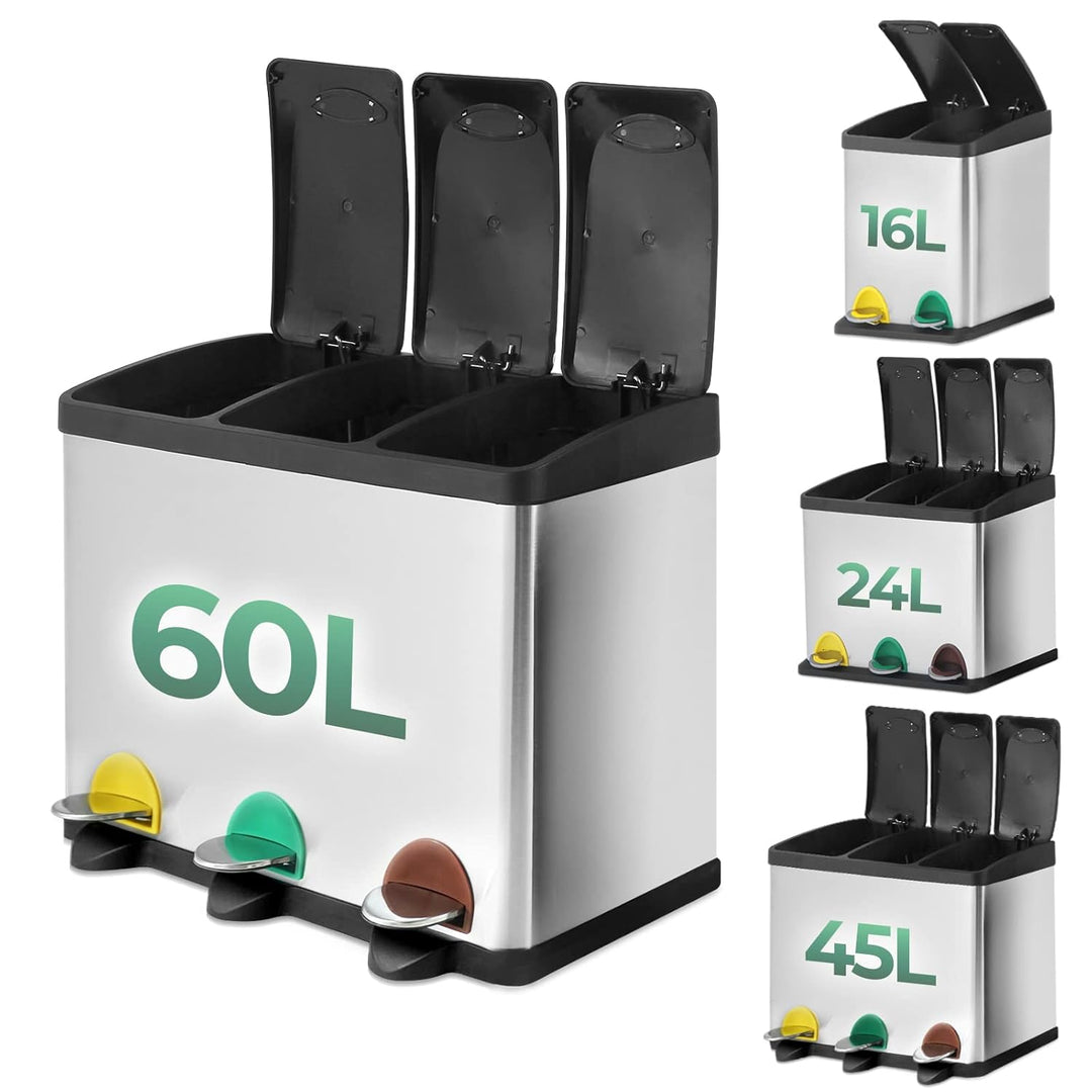 Jago® Mülleimer – 16/24/45/60 Liter - 2 oder 3 fächer, Edelstahl, mit Inneneimer, Handgriff, Deckel,