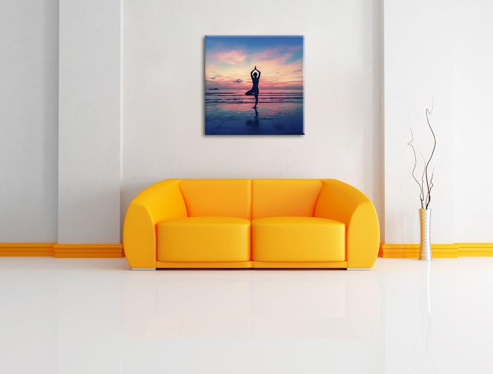 Pixxprint Yoga am Strand, Format: 70x70 auf Leinwand, XXL riesige Bilder fertig gerahmt mit Keilrahm