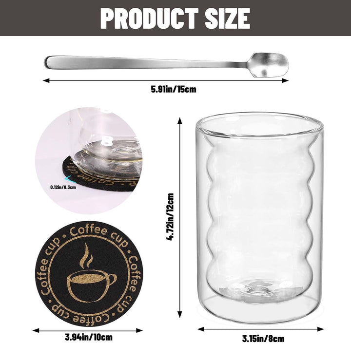 Mkitnvy 6er Set Latte Macchiato GläSer,350ML Doppelwandige GläSer mit 6 Löffeln und 6 Untersetzern,