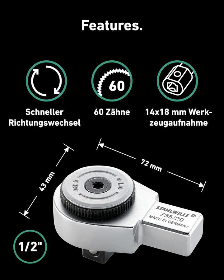 STAHLWILLE Nr. 735/20 1/2“ Feinzahn-Einsteckknarre 14x18 mm Aufnahme zum Einstecken in Drehmomentsch