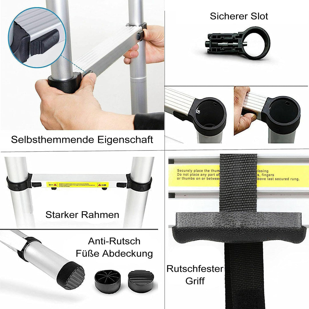 2,6M Teleskopleiter Klappleiter, Rutschfester Ausziehleiter mit 9 Sprossen, 150 kg Belastbarkeit, Sc