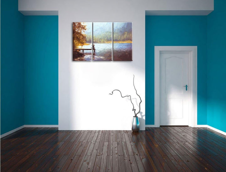 Pixxprint Yoga am See Kunst als Leinwandbild/Grösse: 3 Teilig (120x80) / Wandbild/Kunstdruck/fertig