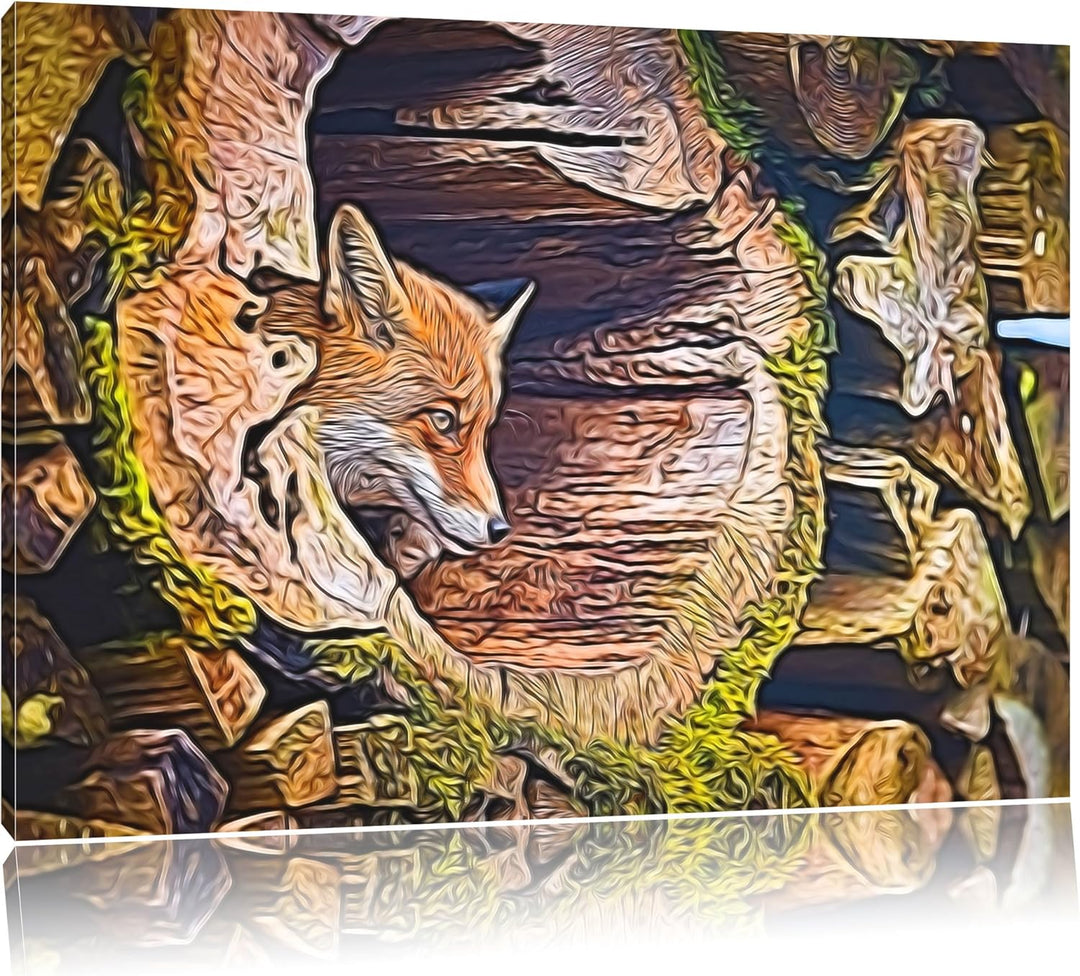 Fuchs im Baumstamm Deluxe Format: 100x70 cm auf Leinwand, XXL riesige Bilder fertig gerahmt mit Keil