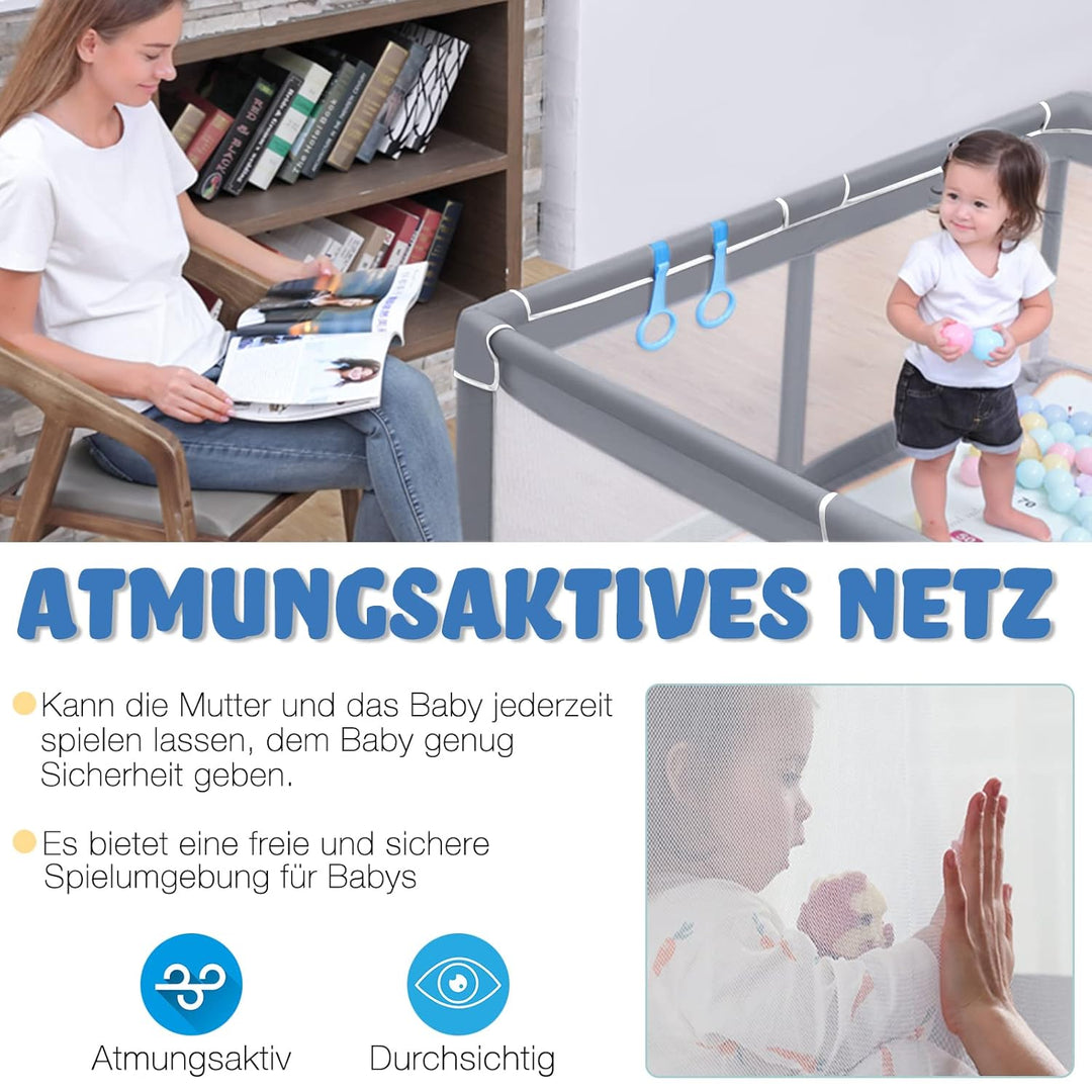 NAIZY Baby Laufstall L Laufgitter Grau Absperrgitter mit Rutschfester Basis und Atmungsaktivem Netz