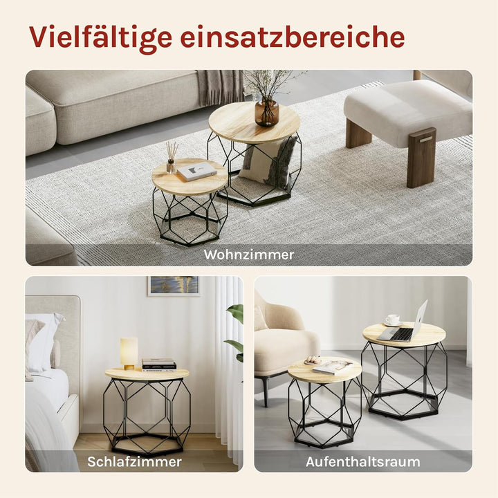 WOLTU Couchtisch 2er Set, Beistelltisch mit runder Tischplatte, Sofatisch mit hohlem Metallrahmen, W