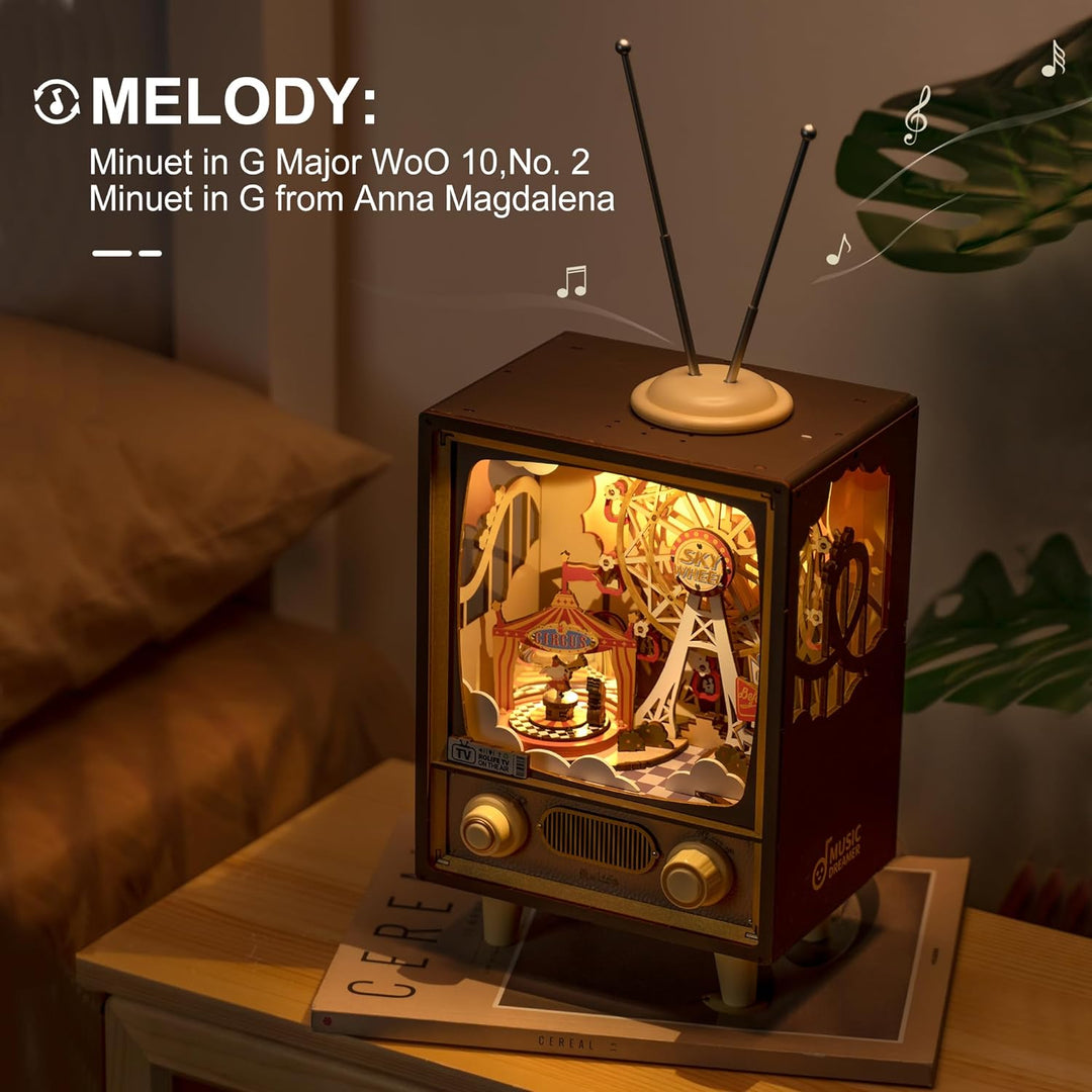 Rolife 3D Puzzles Holz Spieluhr Sonnenuntergang Karneval Miniatur Szene Retro Fernsehen Modell Bausä