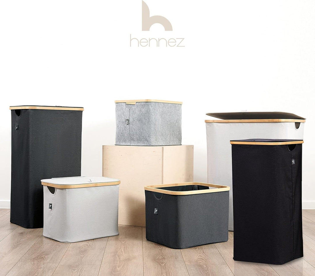 HENNEZ 100L Wäschekorb mit Deckel Schwarz - mit Wäschesack Wäschesammler schmal mit Deckel - Schwarz