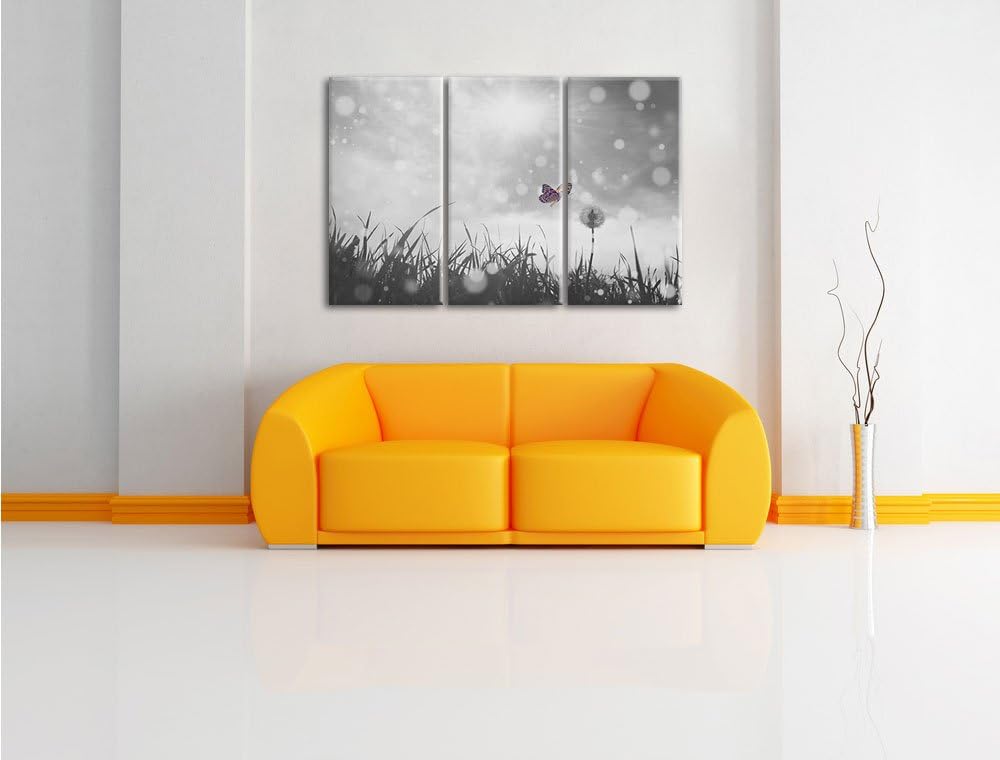 Pixxprint zarter Schmetterling fliegt zu Pusteblume B&W Detail 3-Teiler Leinwandbild 120x80 Bild auf