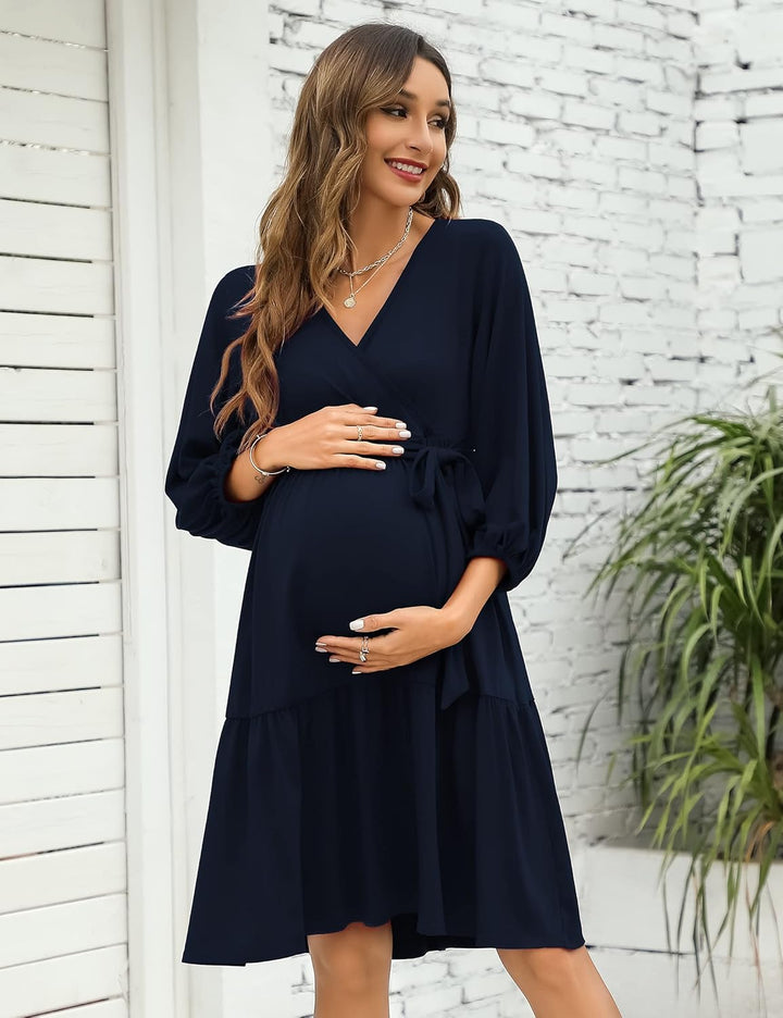 KOJOOIN Damen Umstandskleid V-Ausschnitt 3/4 Ärmel Stillkleid Rüschen Schwangerschafts Kleider mit G