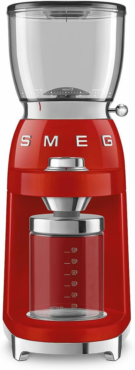 SMEG, Kaffeemühle CGF11RDEU, konisches Edelstahlmahlwerk, 30 Mahlgrad Einstellungen, 350 g Kaffeeboh