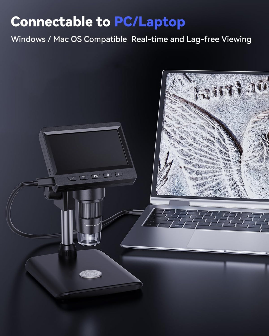 AOPICK Mikroskop, LCD Digital Mikroskop 1000X 4,3-Zoll 1080P USB Mikroskop mit 8 einstellbaren LED L