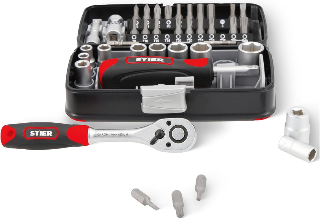 STIER Steckschlüssel- und Bit-Satz, 38-teilig, Umschaltknarre 1/4 Zoll, Sechskant-Steckschlüsseleins