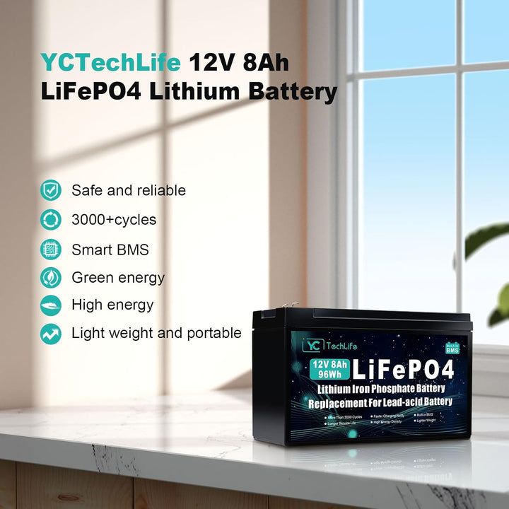 12V 8Ah LiFePO4 Lithium-Akku, Deep Cycle Lithiumbatterie mit Bis Zu 3000+ Zyklen, 12V Wiederaufladba