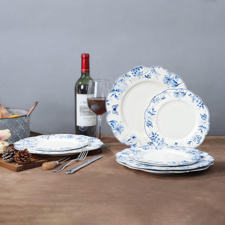 fanquare Keramik Teller 4-er Set, Runde Speiseteller Porzellan Blaues Blumen Muster, Geschirr Teller