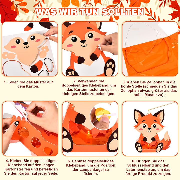 Herenear 3 Stück Herbst Kinder Laternen, Tierische Papierlaternen mit Laternenstäben, DIY Tier Dekor