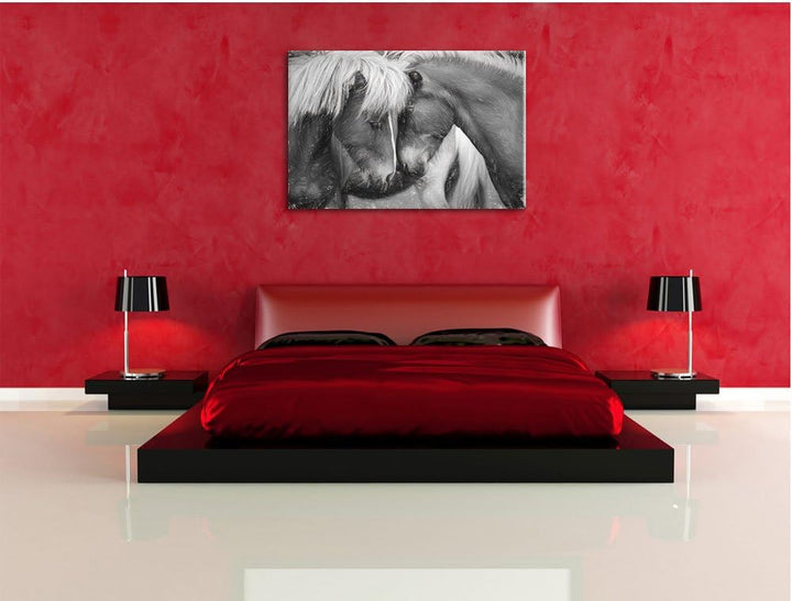 Pixxprint Zwei schmusende Pferde Kunst / 100x70cm Leinwandbild bespannt auf Holzrahmen/Wandbild Kuns