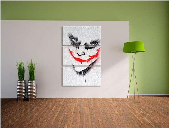 gemaltes Joker Gesicht auf Spanplatte schwarz/weiss 3-Teiler Leinwandbild 120x80 Bild auf Leinwand,