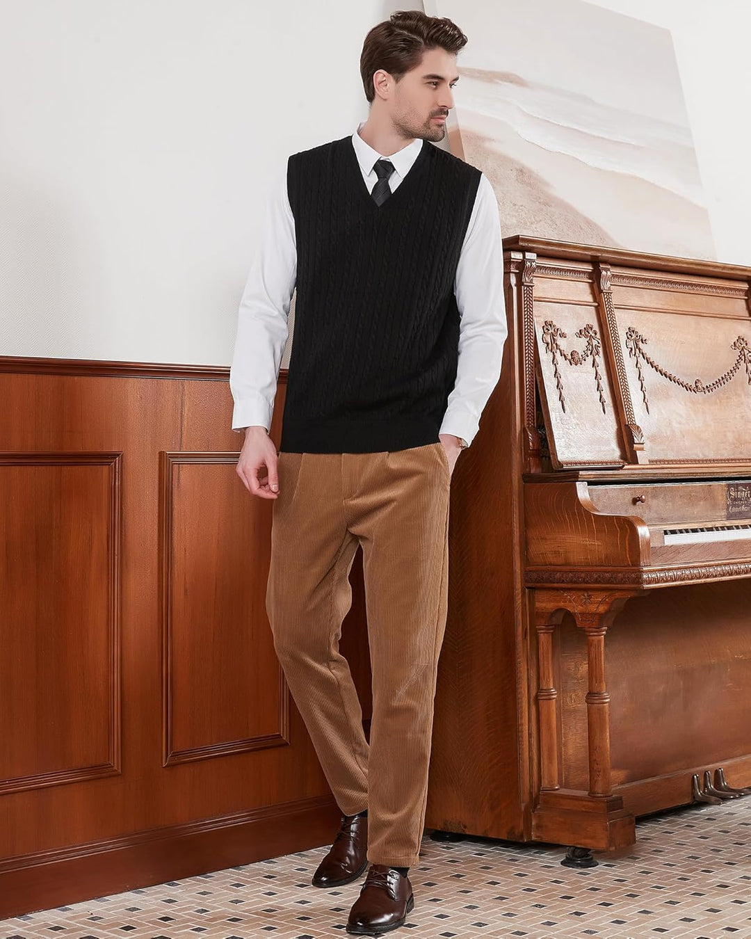 Kallspin Herren Strickweste Pulunder Ärmellos Zopfstrick V-Ausschnitt aus Wollmischung S Schwarz, S