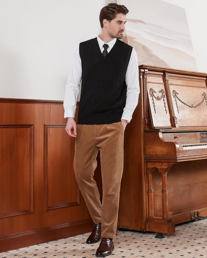 Kallspin Herren Strickweste Pulunder Ärmellos Zopfstrick V-Ausschnitt aus Wollmischung S Schwarz, S