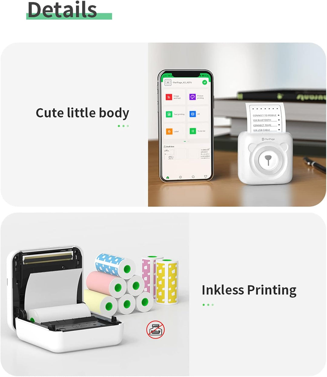 Bisofice Peripage Mini Fotodrucker für Smartphones, Drahtlose BT Verbindung Mobiler Drucker Kommt mi