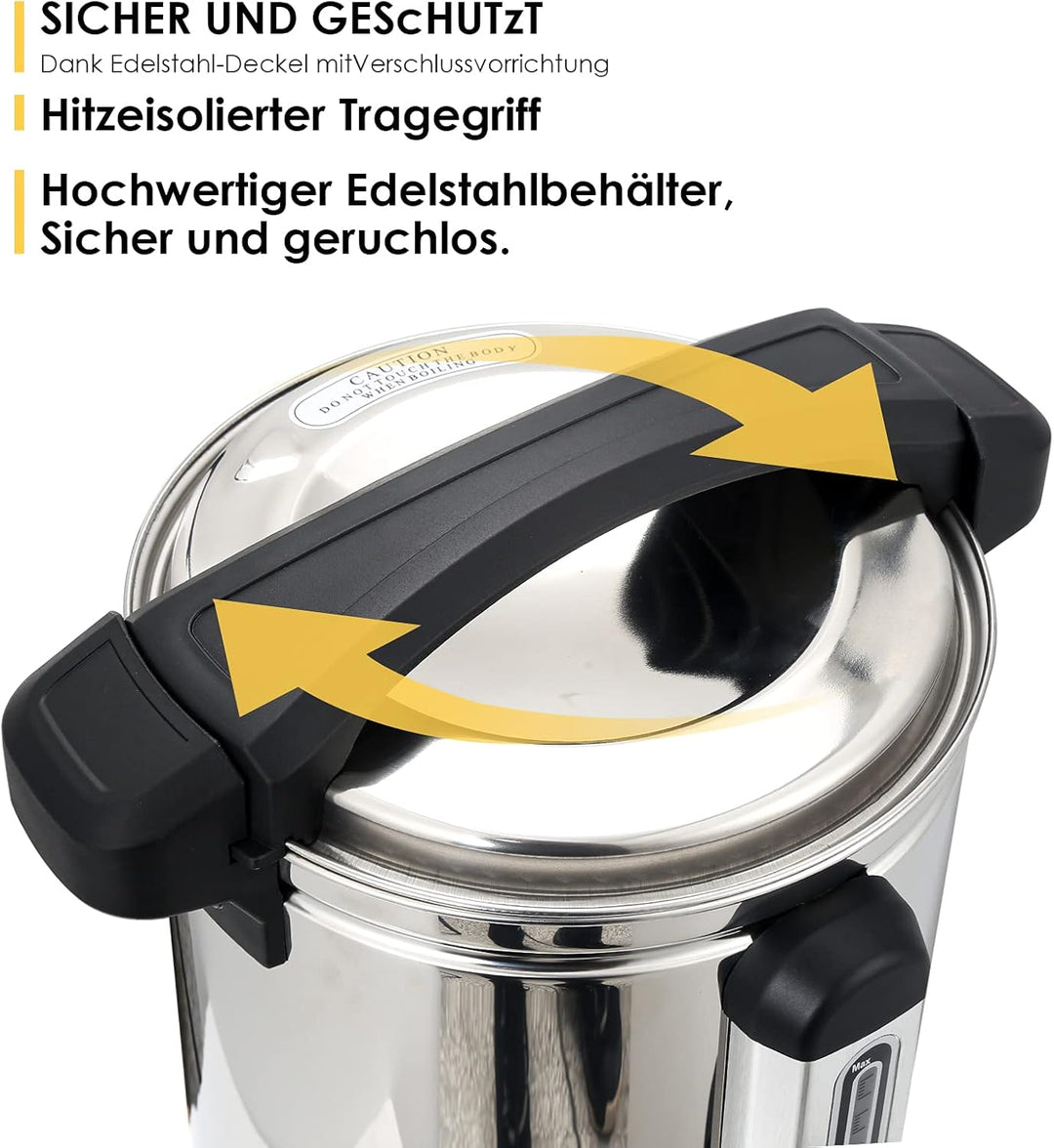 Tubiaz 8,8L Glühweinkocher Heisswasserspender aus Edelstahl 1500W Glühweinkessel mit Thermostat Füll