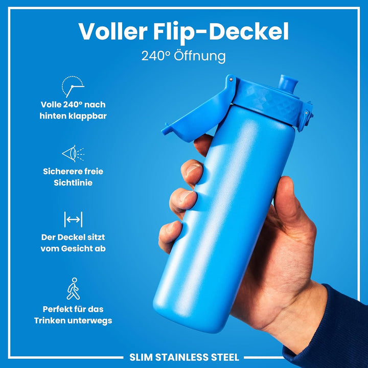 Ion8 Stahl-Trinkflasche, 600 ml, Auslaufsicher, Einhandöffnung, Sichere Verriegelung, Spülmaschinenf