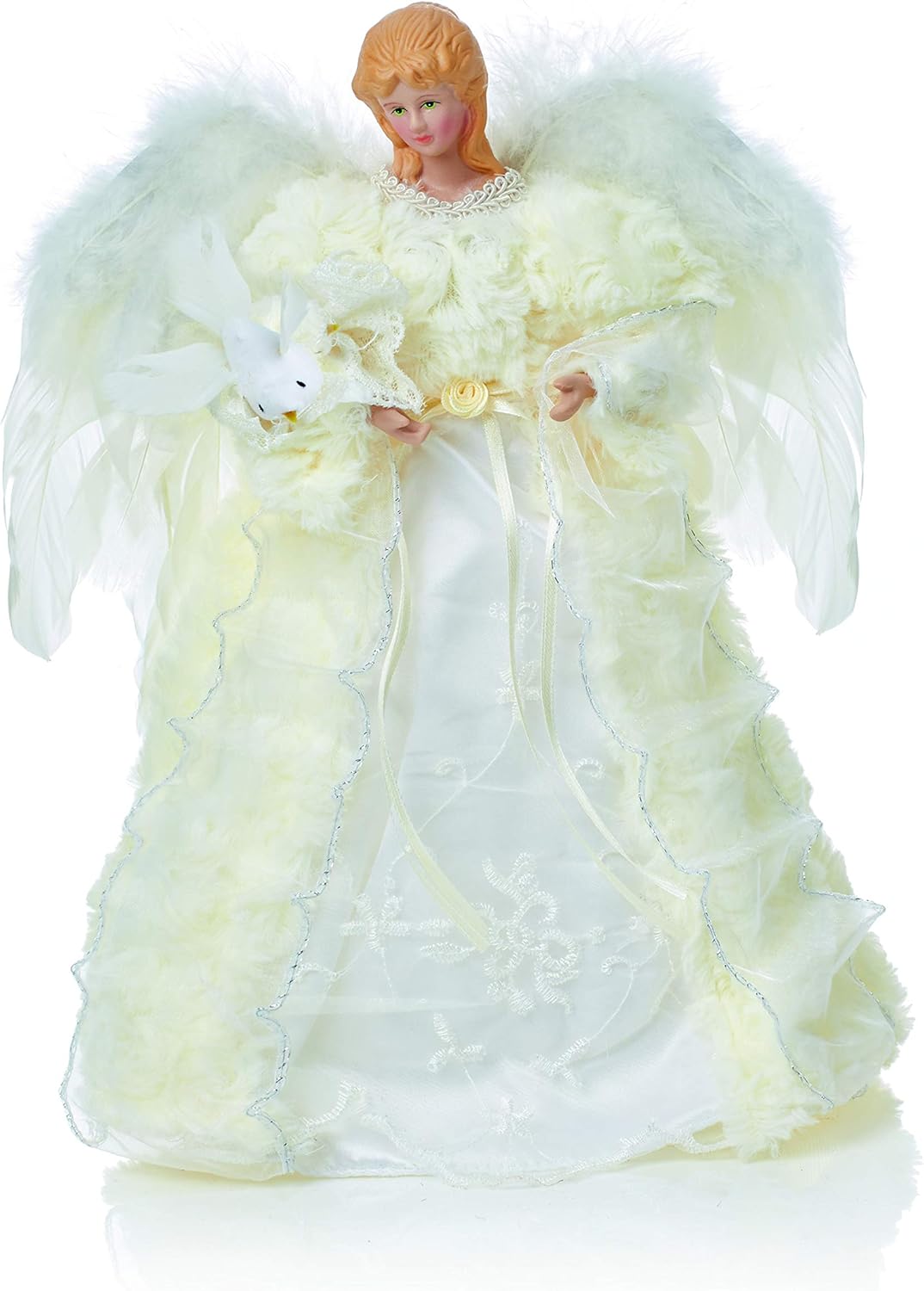 Weihnachtsbaumschmuck Engel mit Taube, mit Federn, Kunstfell, Weiss & Creme