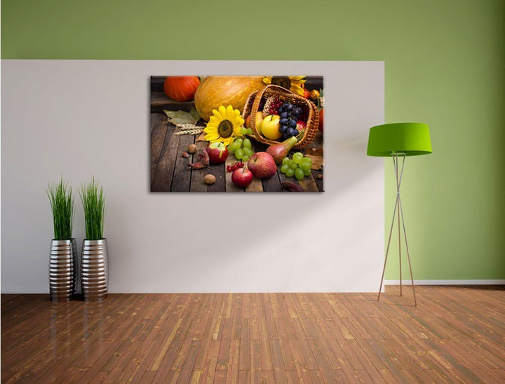 Herbstlicher Obstkorb, Format: 100x70 auf Leinwand, XXL riesige Bilder fertig gerahmt mit Keilrahmen