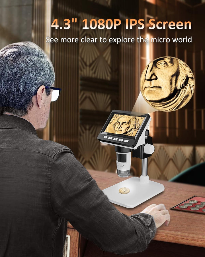 AOPICK Mikroskop, LCD Digital Mikroskop 1000X 4,3-Zoll 1080P USB Mikroskop mit 8 einstellbaren LED L