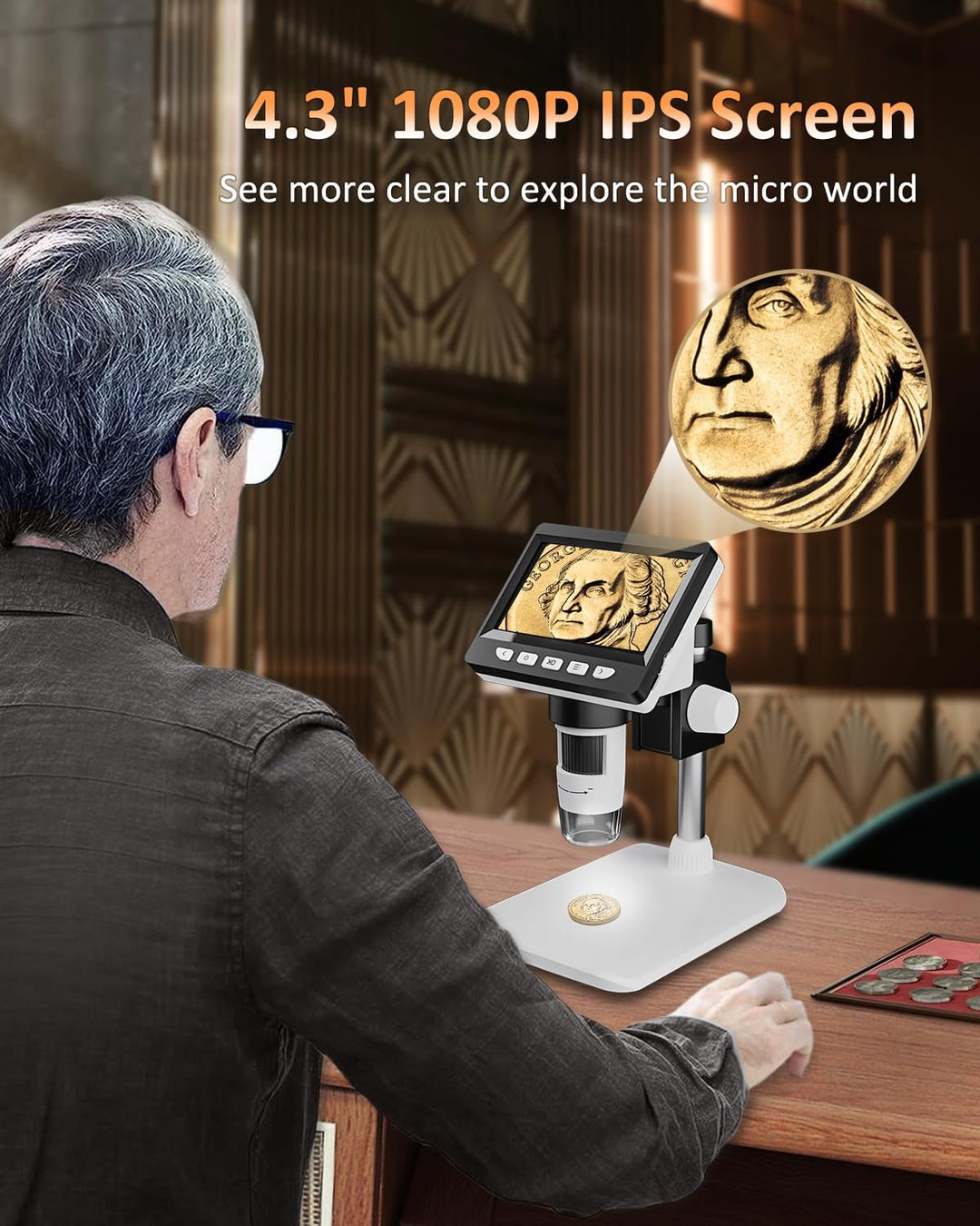 AOPICK Mikroskop, LCD Digital Mikroskop 1000X 4,3-Zoll 1080P USB Mikroskop mit 8 einstellbaren LED L