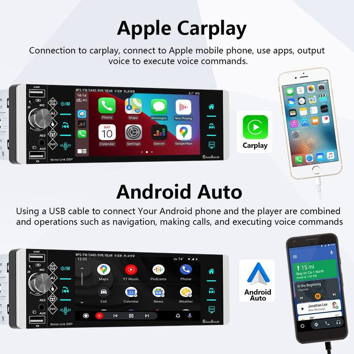 Podofo Autoradio 1 Din mit Apple CarPlay, Bluetooth, Android Auto, 5,1 Zoll IPS-Display Autoradio Un