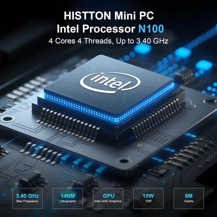 HISTTON N100 Mini PC Lüfterlos, DDR4 8GB RAM 128GB SSD, Industrie PC mit 2 RS232 COM, Dual LAN, WiFi