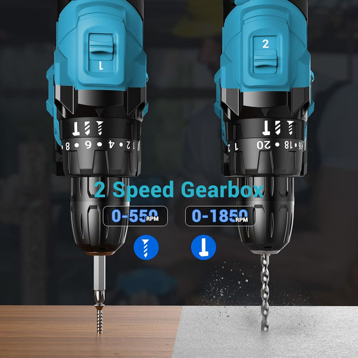 LEEIKOO Bürstenloser Akkuschrauber 21V, Akku Bohrschrauber mit 2 Akkus 2,0Ah, 45N.m Drehmoment, 20+3