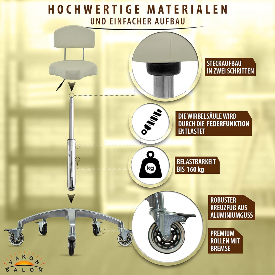 VAKON SALON - Ergonomischer Rollhocker mit Lehne in Weiss - Rollen mit Bremse - Höhenverstellbarer v