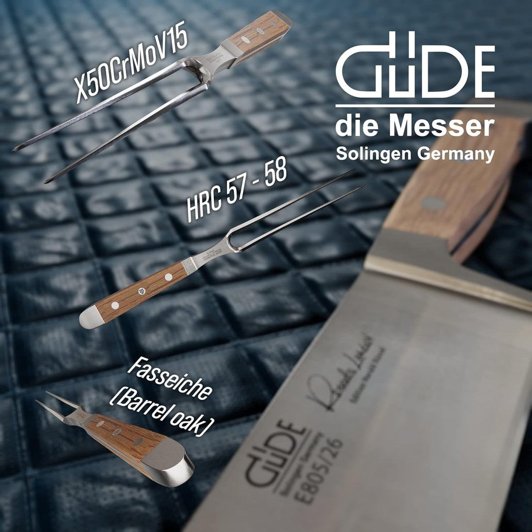 GÜDE Solingen - Fleischgabel geschmiedet, 18 cm, Fasseichenholz, ALPHA FASSEICHE, Doppelkropf, Handm