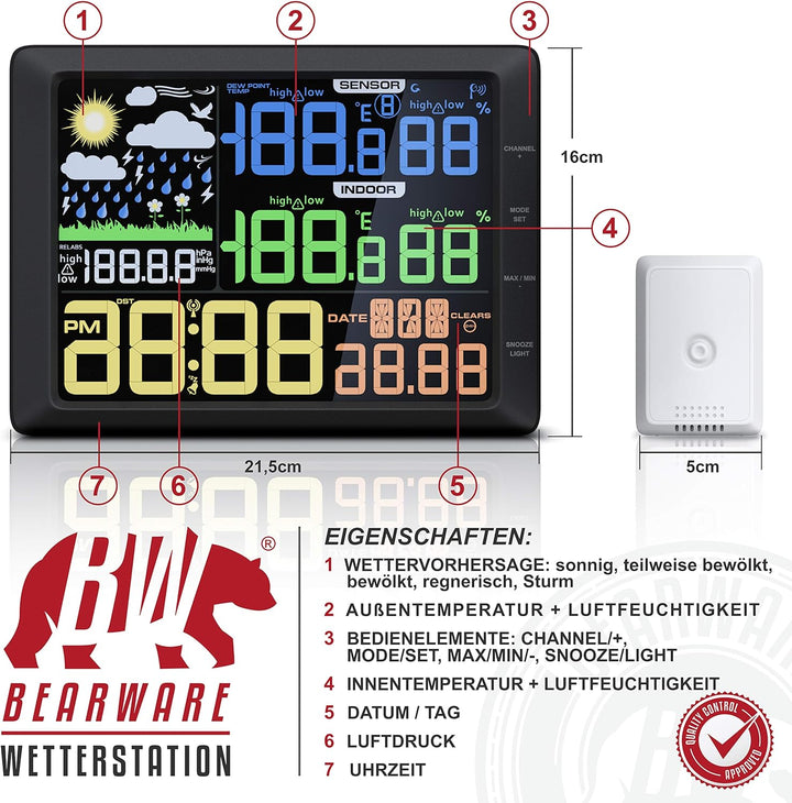 CSL - Wetterstation mit Farbdisplay und Aussensensor, 20 cm LCD Farbdisplay - Luftdruck Barometer Te