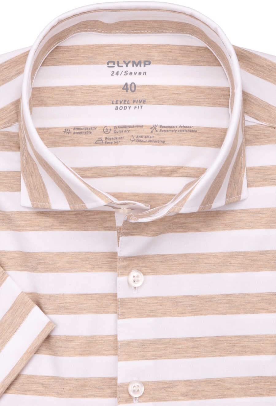 OLYMP Level Five 24/Seven Body fit Schlupfhemd Halbarm Haifischkragen Ringel braun 42 Beige, 42 Beig