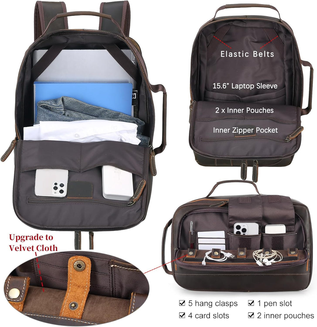 TIDING Laptop Rucksack Herren Leder Schulrucksack für 15.6 Zoll Laptoptasche Erweiterbar Gross Reise