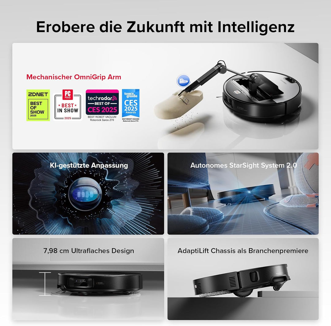 roborock Saros Z70 Saugroboter mit Wischfunktion, OmniGrip Arm, KI-gestützt, 22.000 Pa Saugkraft, 7.