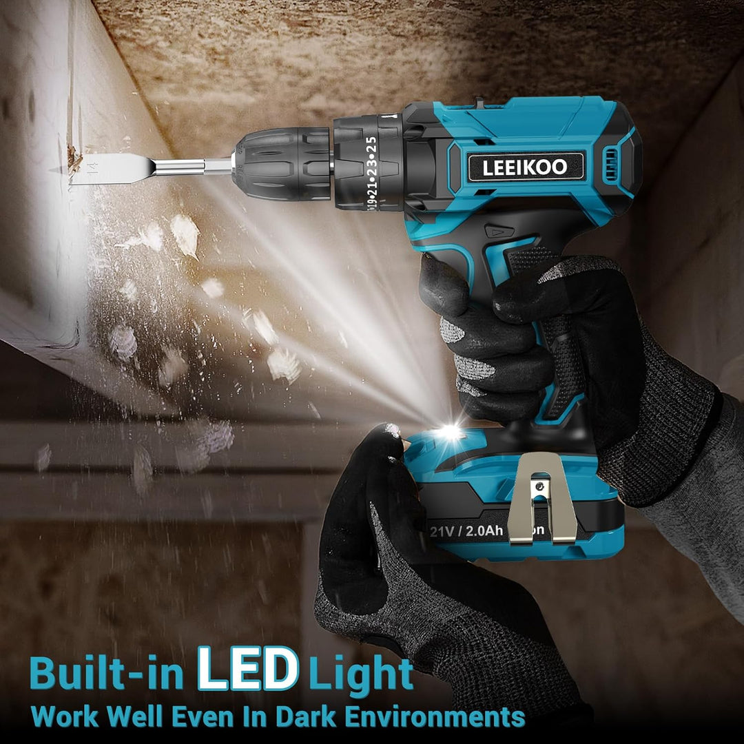 Akkuschrauber 21V, LEEIKOO Akku Bohrschrauber 42N.m, Akku Bohrmaschine, 25+3 Drehmomentstufen, 10mm