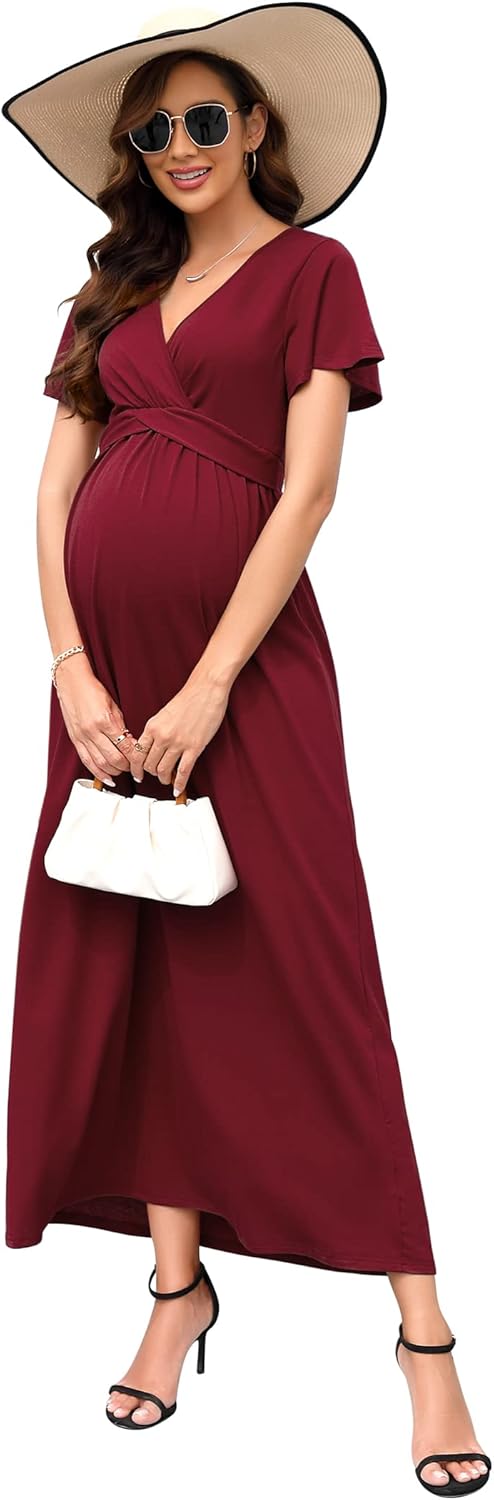 KOJOOIN Damen Umstandskleid V-Ausschnitt Langes Stillkleid 3/4 Ärmel Casual Falten Schwangerschaftsk